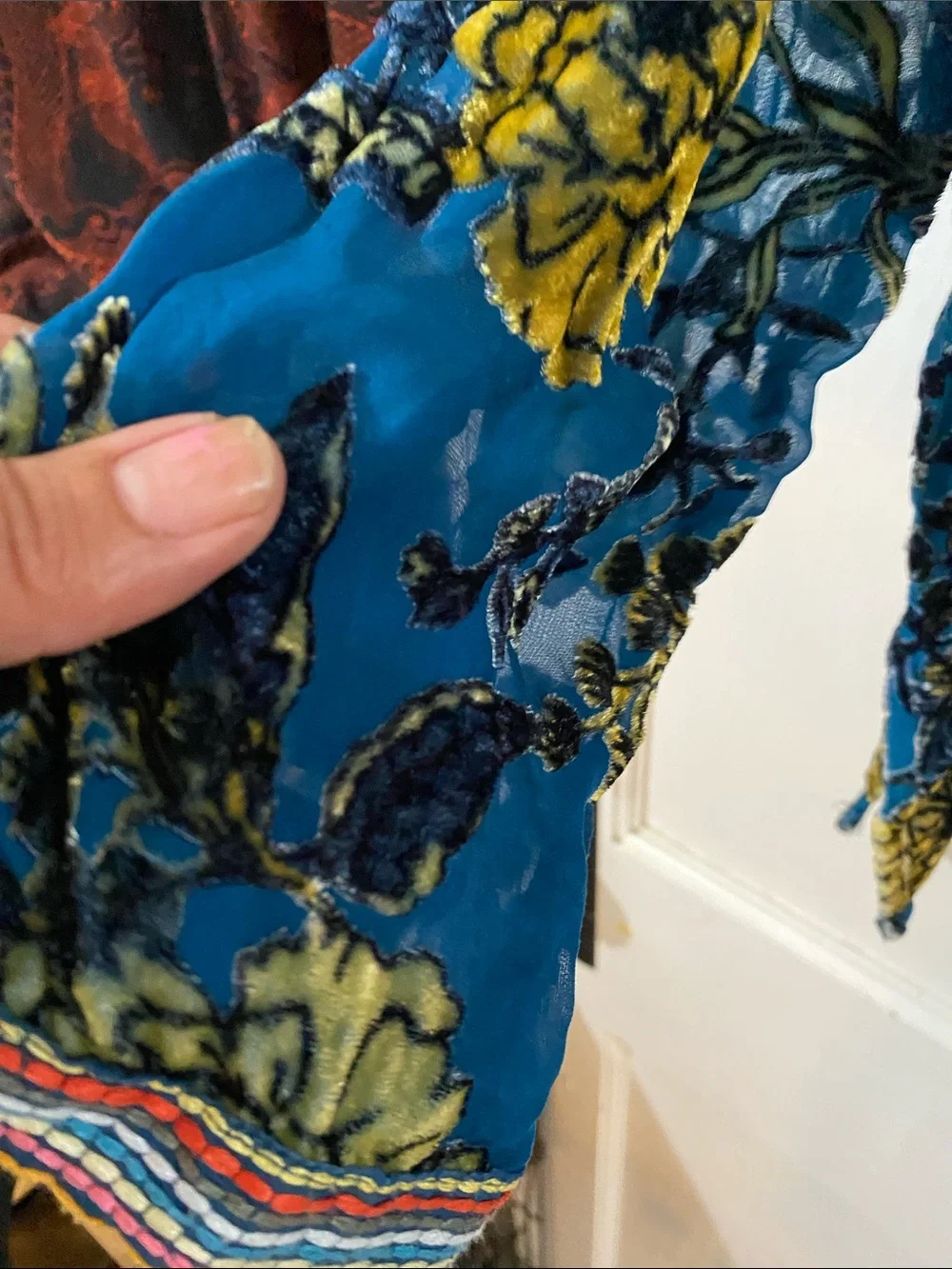 Johnny Was Teal Blue Floral Sheer Button-Up Blouse - Picture 5 of 9